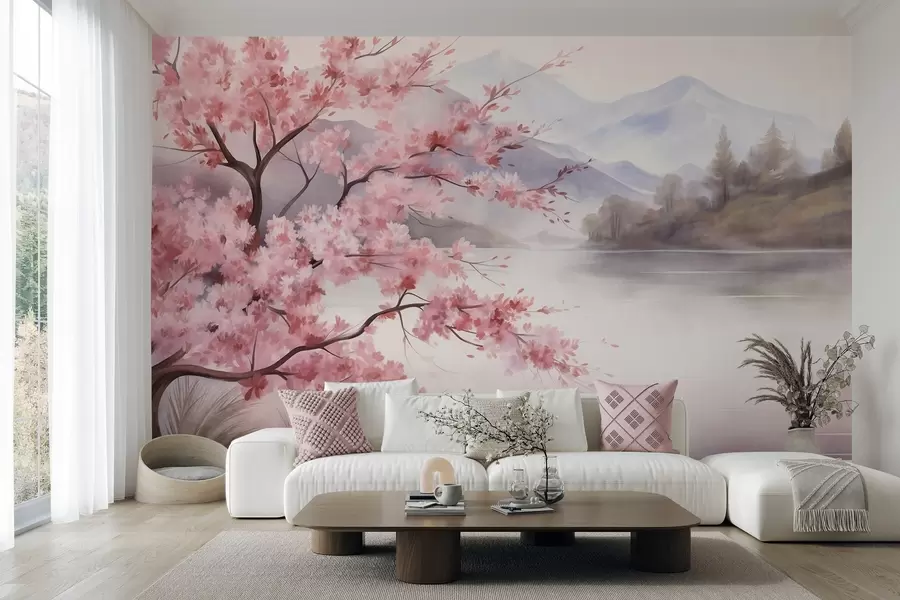 peintures murales Une peinture de paysage représentant un arbre en fleurs roses, un lac et des montagnes brumeuses en arrière-plan w09870