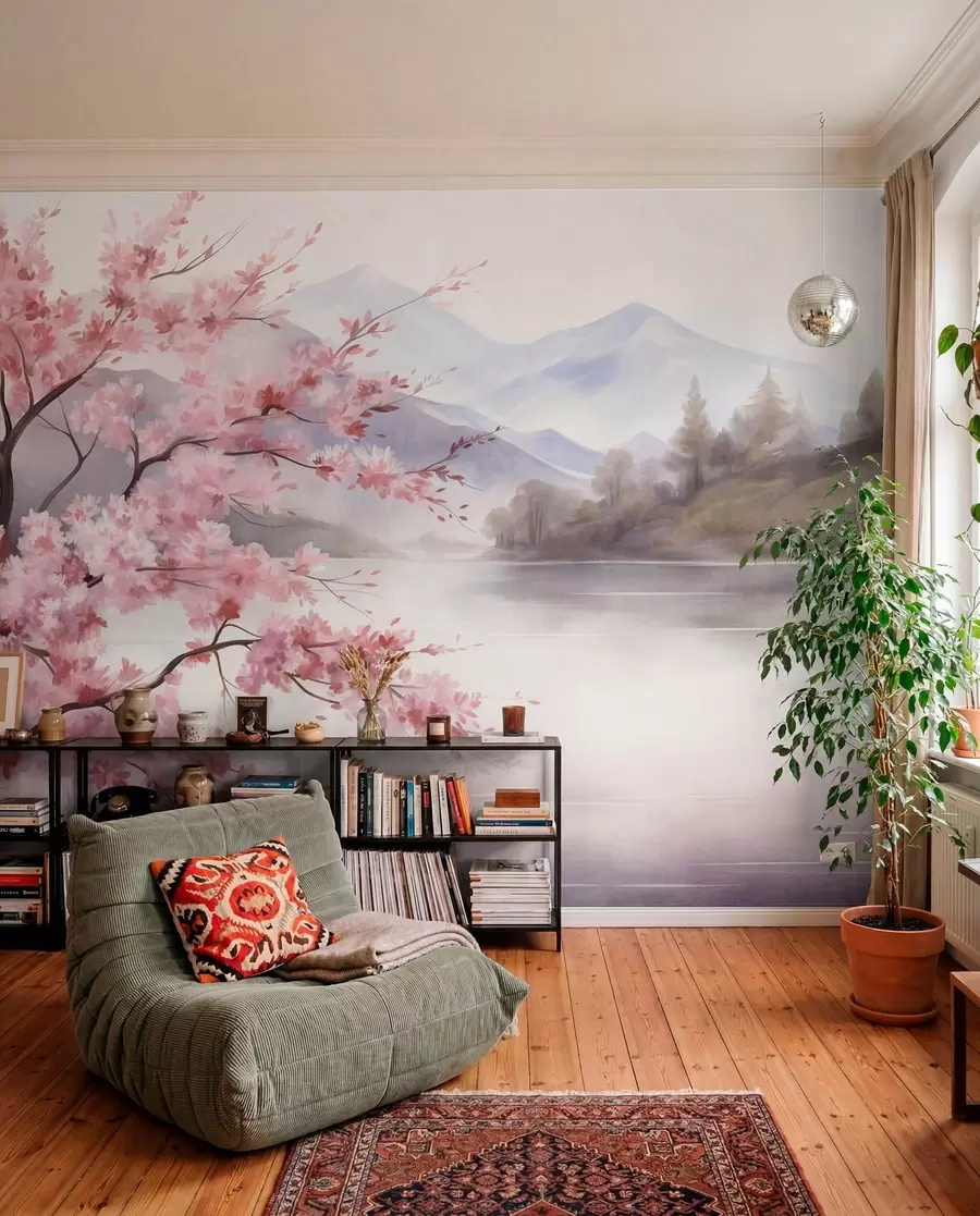 Wall Mural Photo Wallpaper Landscape art, a tree with pink blossoms, a lake and misty mountains in the background w09870