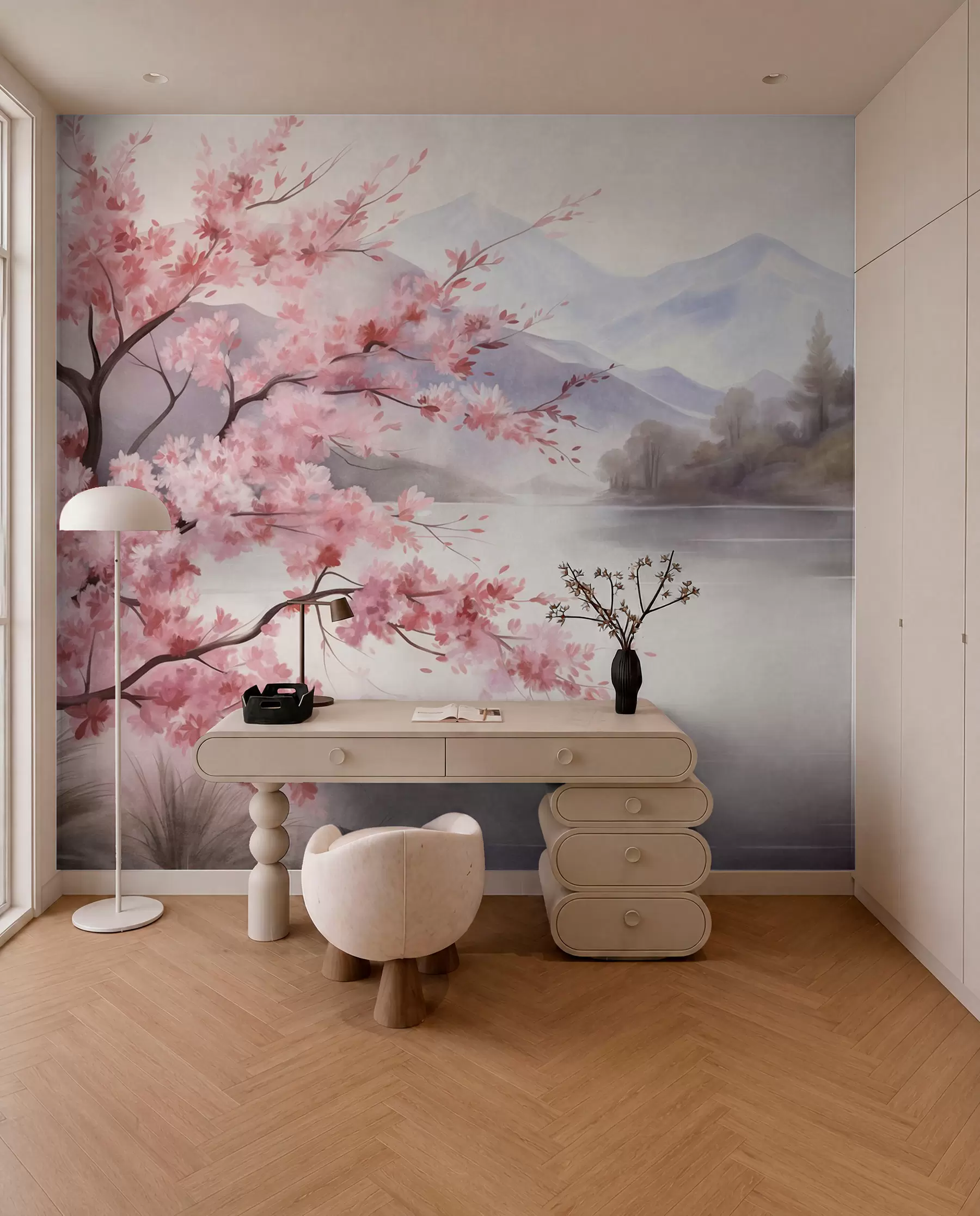 murales Paisaje: un árbol con flores rosas, un lago y montañas envueltas en niebla al fondo w09870