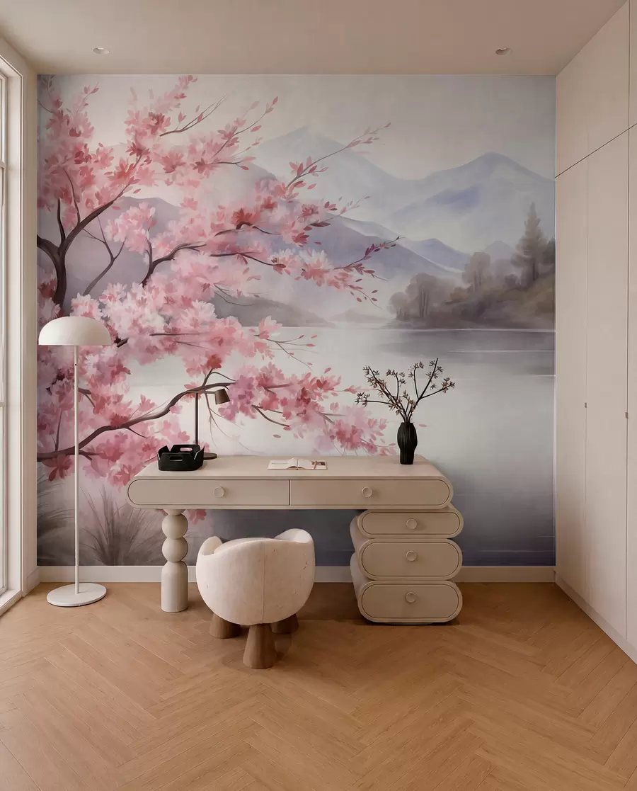 Wall Mural Photo Wallpaper Landscape art, a tree with pink blossoms, a lake and misty mountains in the background w09870