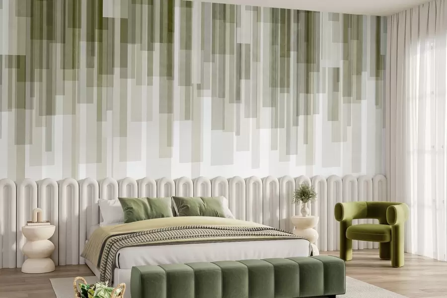 wall murals Textured vertical rectangles of varying transparency and shades of green, abstract art w09889