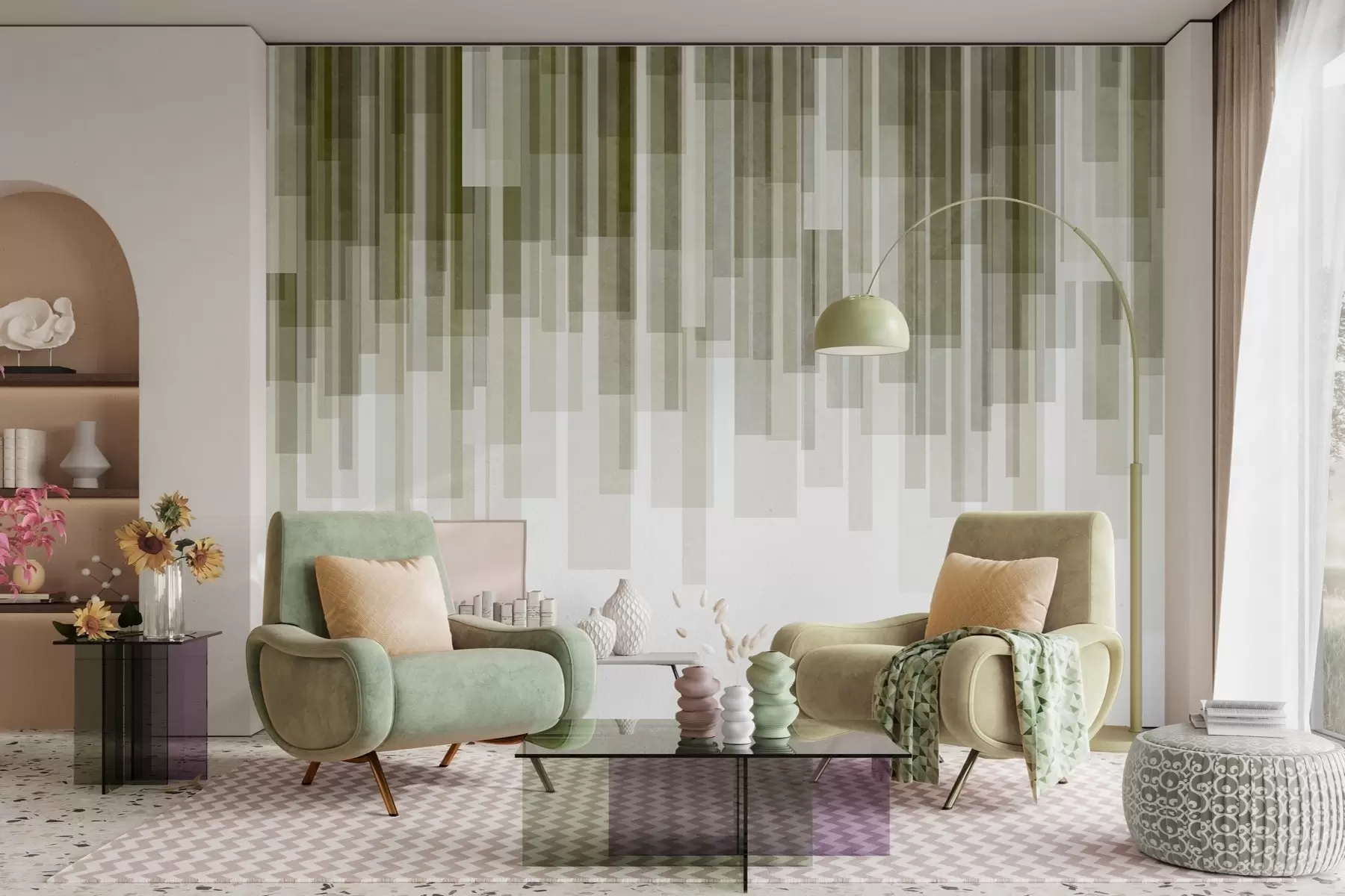 Wall Mural Photo Wallpaper Textured vertical rectangles of varying transparency and shades of green, abstract art w09889