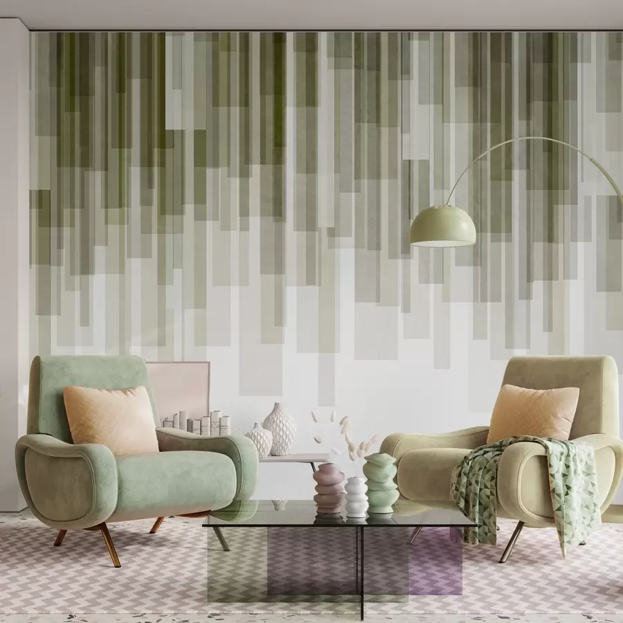 wall murals Textured vertical rectangles of varying transparency and shades of green, abstract art w09889