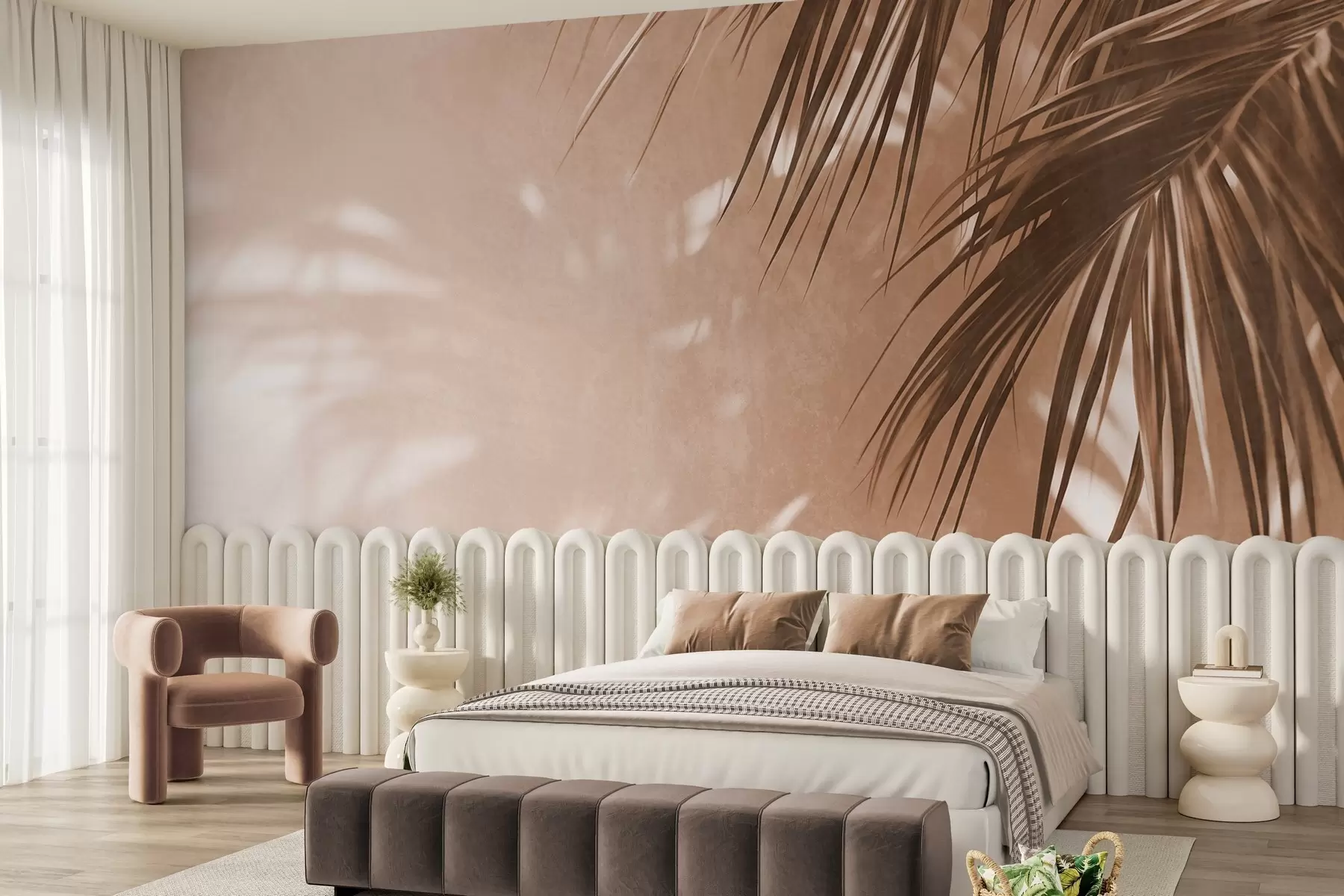 Wall Mural Photo Wallpaper Textured palm leaves with shadows, a tropical atmosphere, minimalism w09890