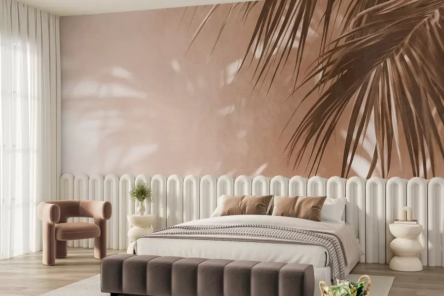 wall murals Textured palm leaves with shadows, a tropical atmosphere, minimalism w09890