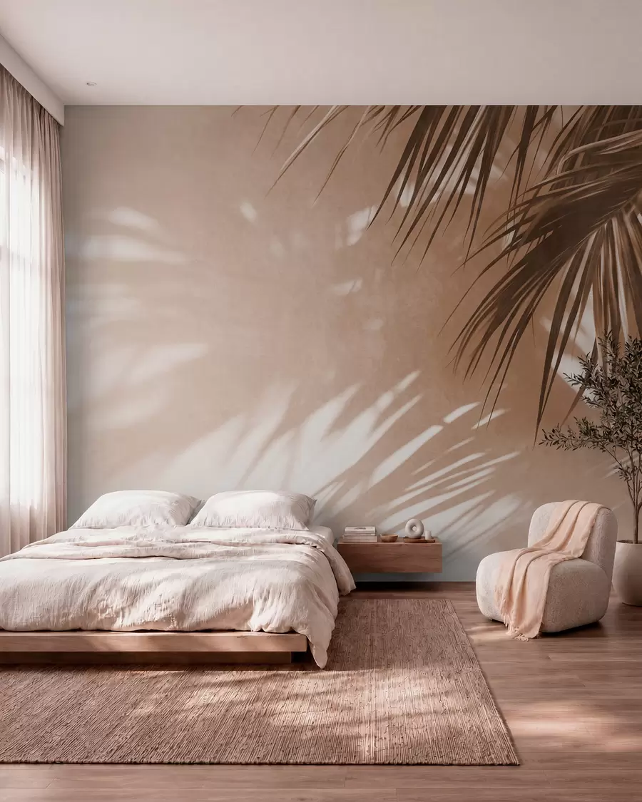 Wall Mural Photo Wallpaper Textured palm leaves with shadows, a tropical atmosphere, minimalism w09890