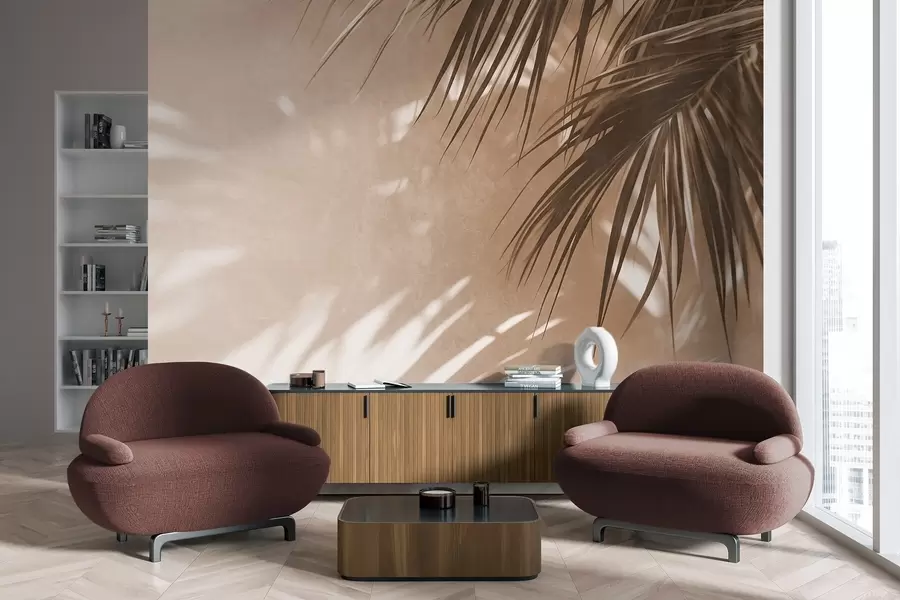 wall murals Textured palm leaves with shadows, a tropical atmosphere, minimalism w09890