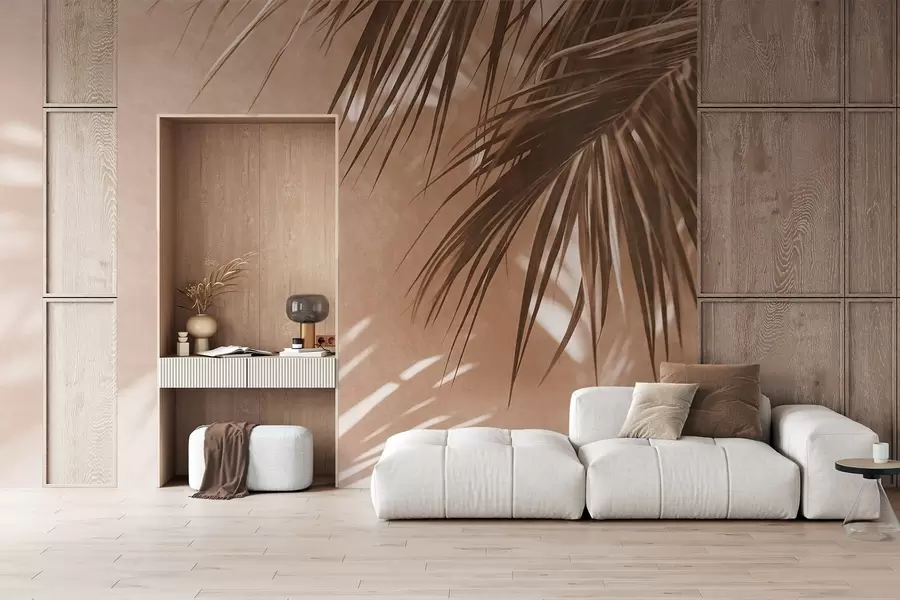 wall murals Textured palm leaves with shadows, a tropical atmosphere, minimalism w09890