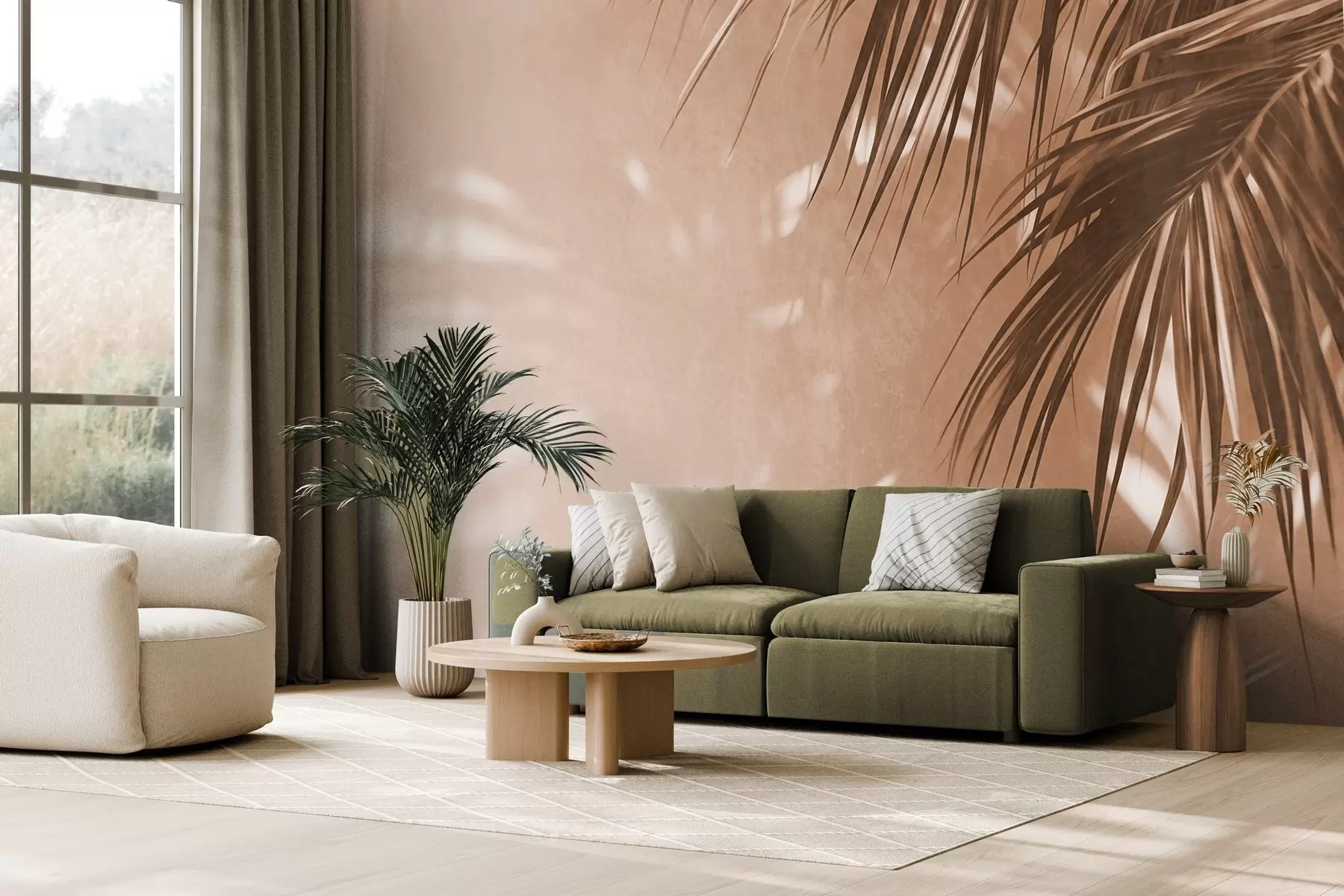 Wall Mural Photo Wallpaper Textured palm leaves with shadows, a tropical atmosphere, minimalism w09890