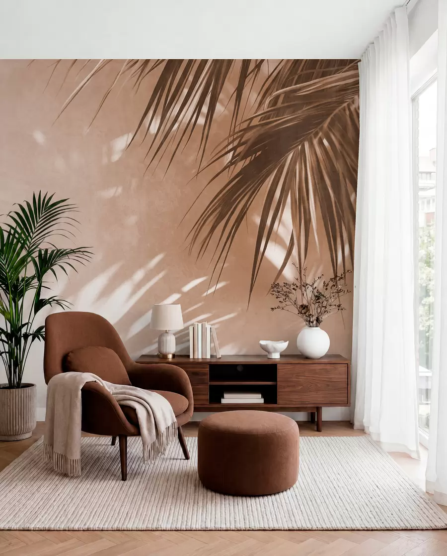 Wall Mural Photo Wallpaper Textured palm leaves with shadows, a tropical atmosphere, minimalism w09890