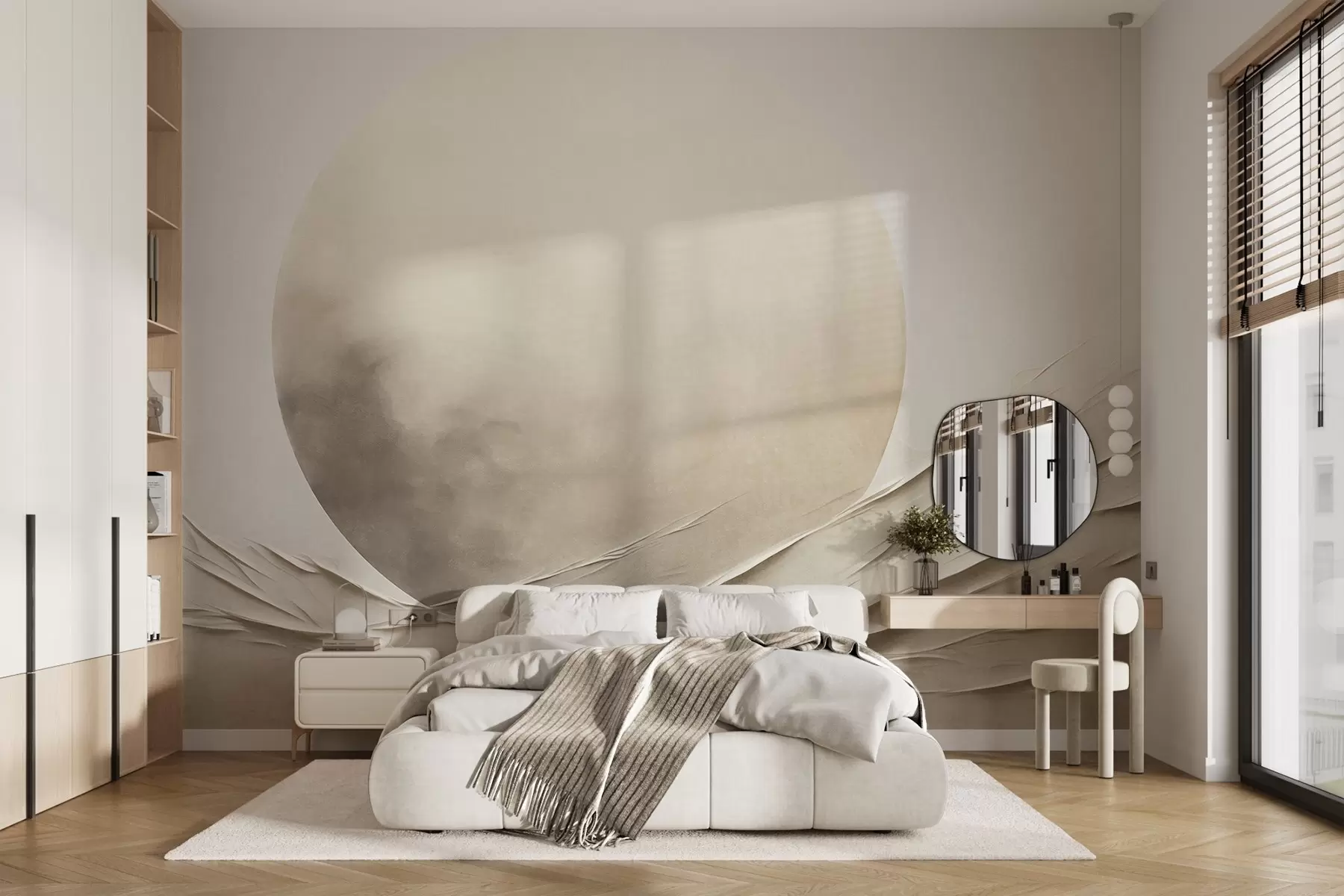 wall murals Abstract, wavy, cream-colored forms with a large, pale sphere, minimalist modern art w09895