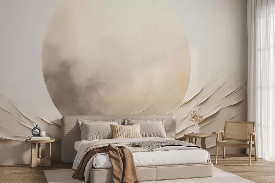 Wall Mural Photo Wallpaper Abstract, wavy, cream-colored forms with a large, pale sphere, minimalist modern art w09895