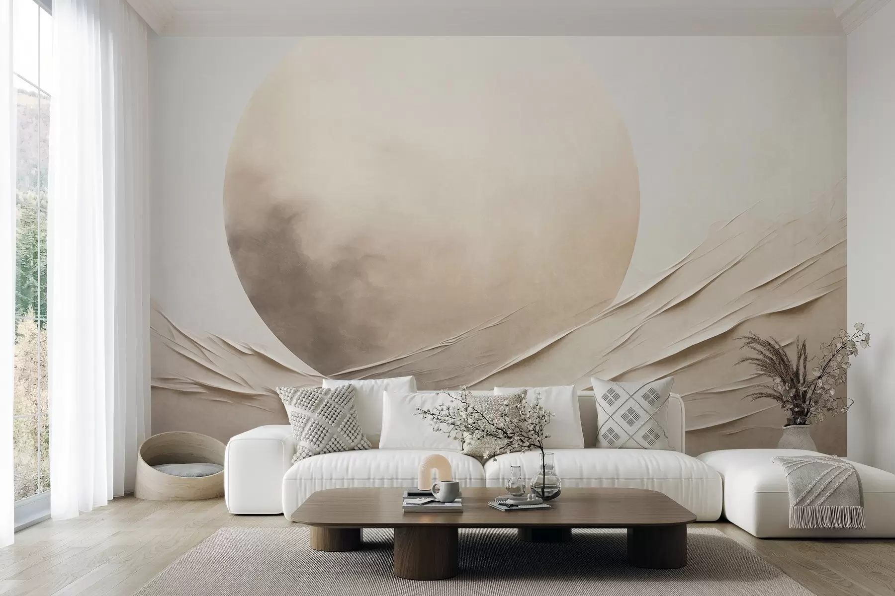 peintures murales Formes abstraites, ondulées, de couleur crème, accompagnées d'une grande sphère pâle ; art moderne minimaliste w09895