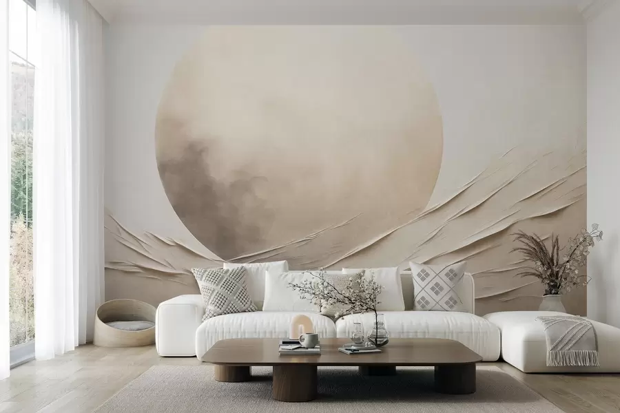 peintures murales Formes abstraites, ondulées, de couleur crème, accompagnées d'une grande sphère pâle ; art moderne minimaliste w09895
