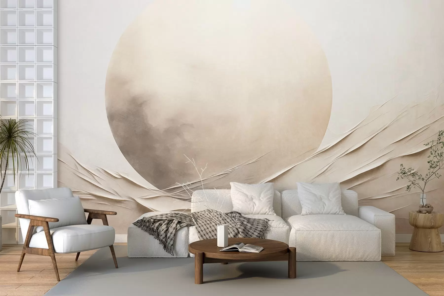 peintures murales Formes abstraites, ondulées, de couleur crème, accompagnées d'une grande sphère pâle ; art moderne minimaliste w09895