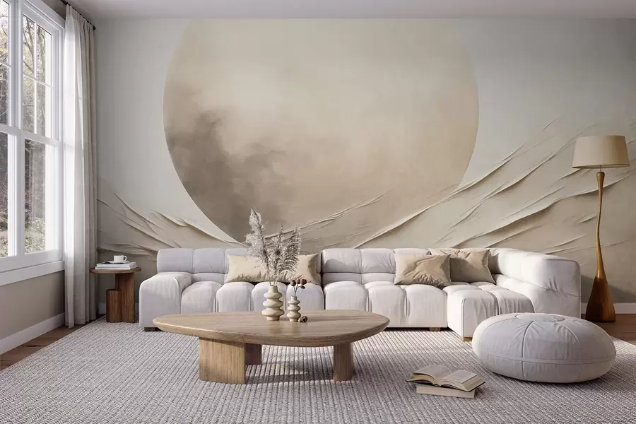 peintures murales Formes abstraites, ondulées, de couleur crème, accompagnées d'une grande sphère pâle ; art moderne minimaliste w09895