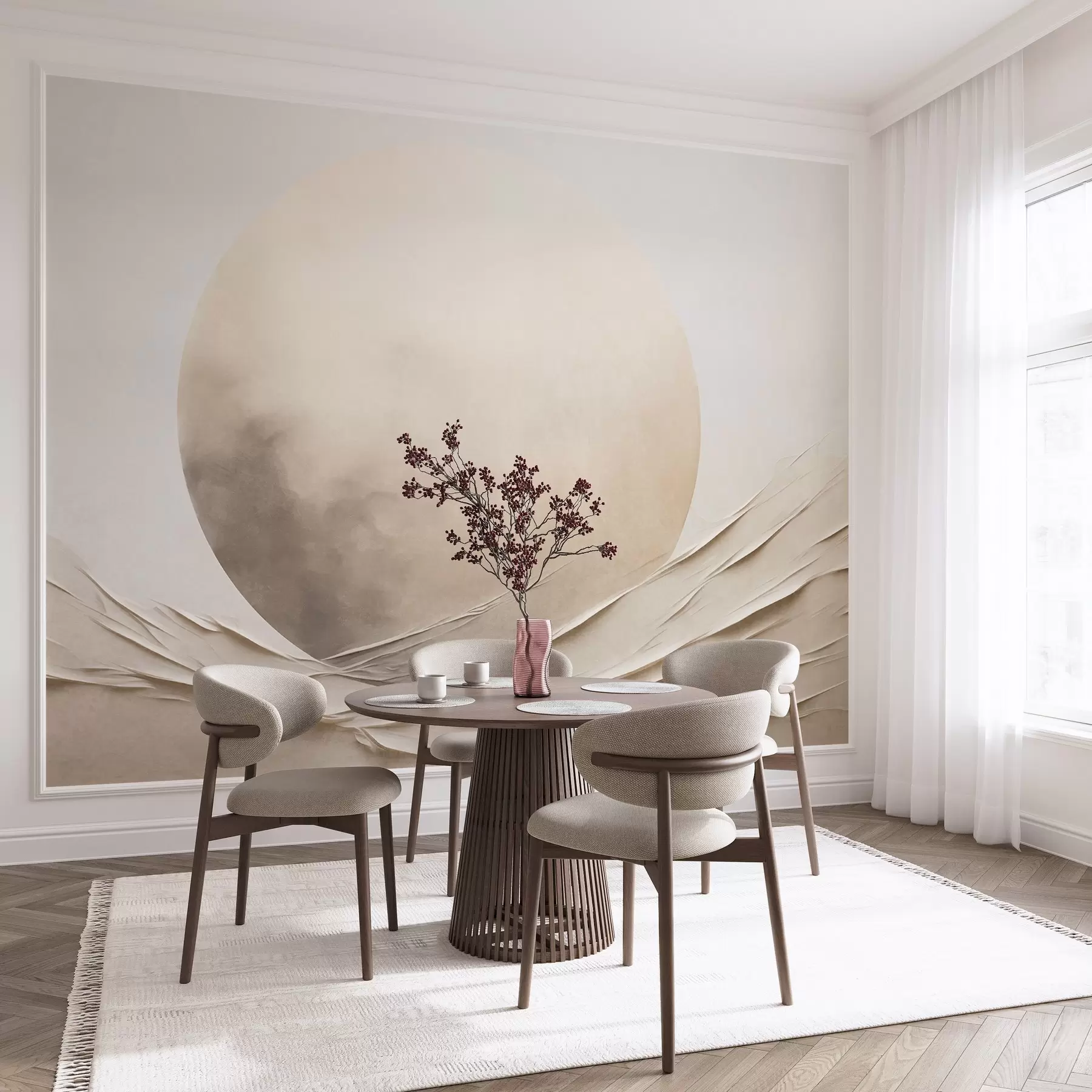 wall murals Abstract, wavy, cream-colored forms with a large, pale sphere, minimalist modern art w09895