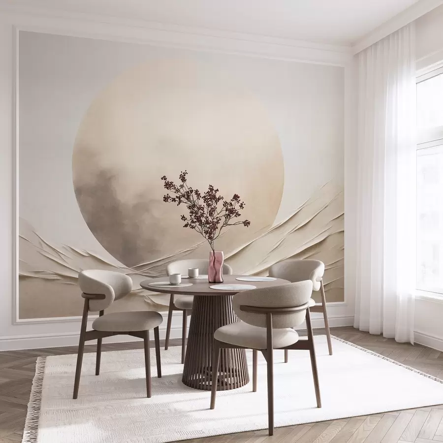 Wall Mural Photo Wallpaper Abstract, wavy, cream-colored forms with a large, pale sphere, minimalist modern art w09895