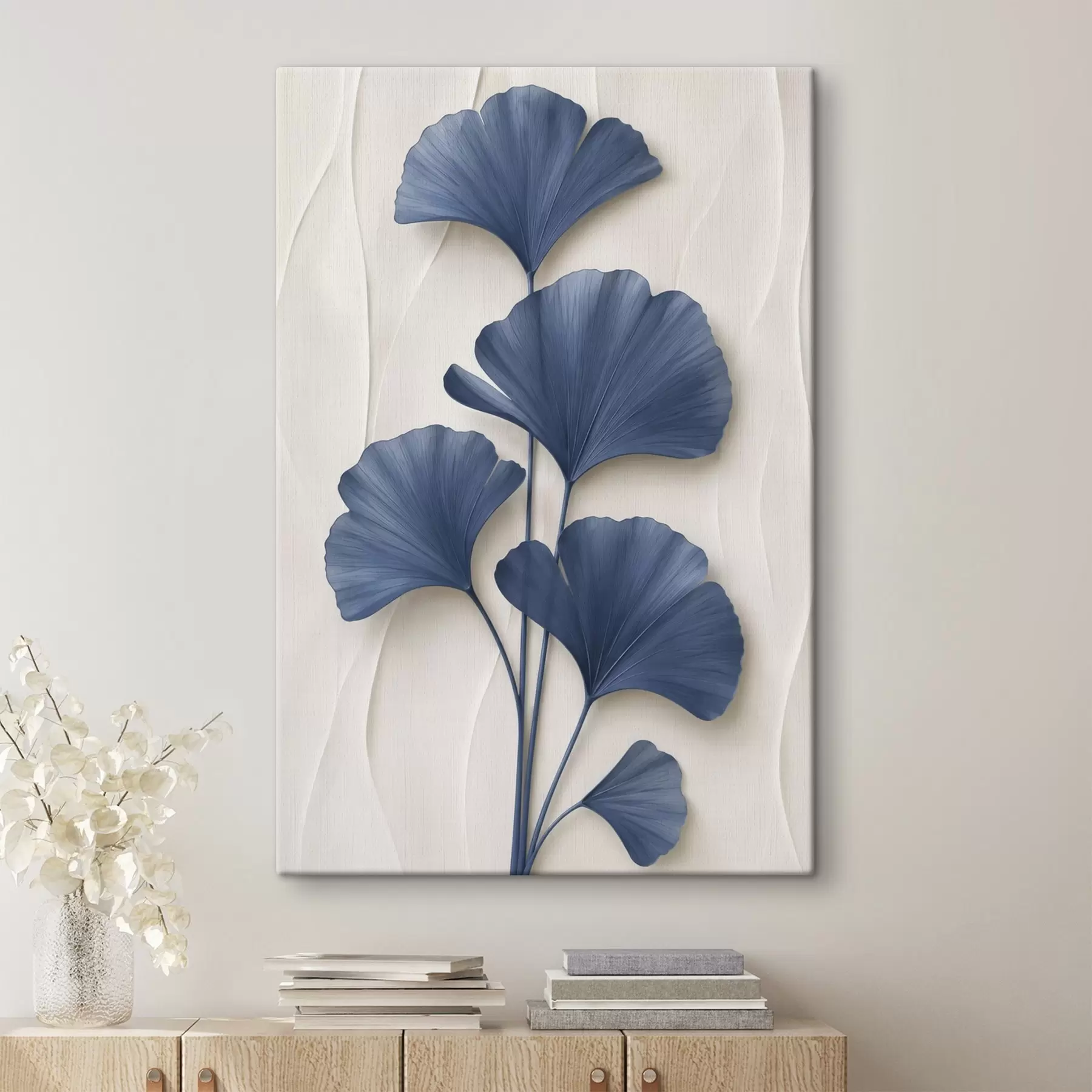 murales Hojas de ginkgo sobre un fondo claro, una imagen plana con un efecto que simula la profundidad del volumen s49298