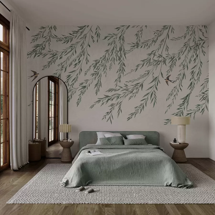 Wall Mural Photo Wallpaper Green branches and birds on light background w05630