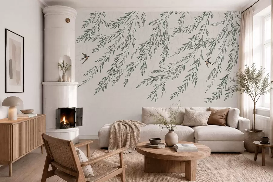 peintures murales Des branches vertes et des oiseaux sur fond clair w05630
