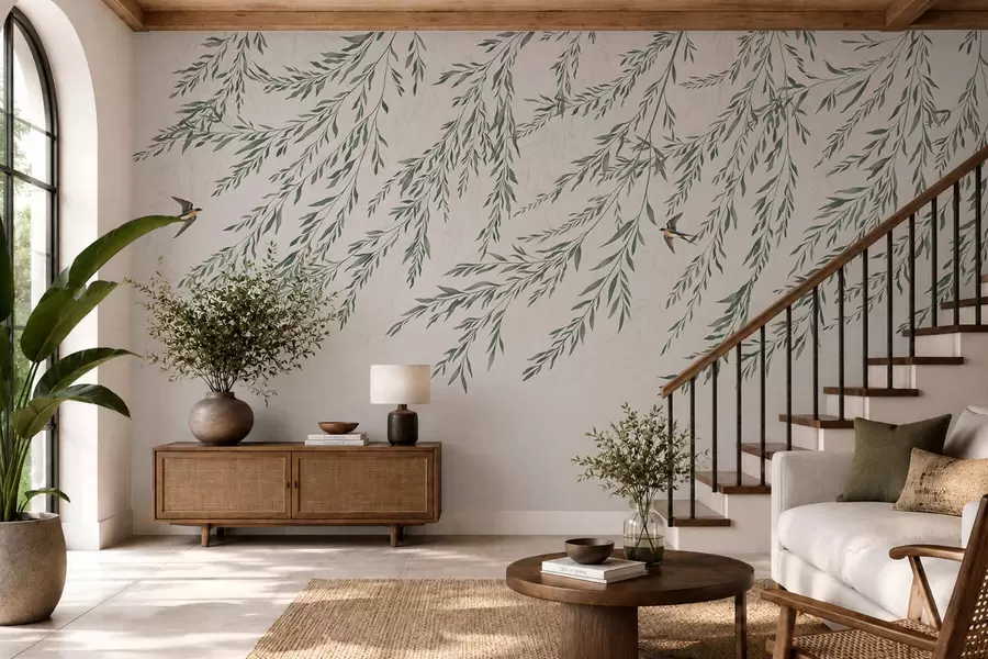 peintures murales Des branches vertes et des oiseaux sur fond clair w05630