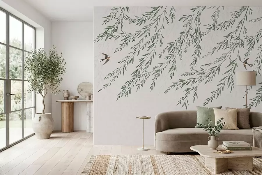 peintures murales Des branches vertes et des oiseaux sur fond clair w05630