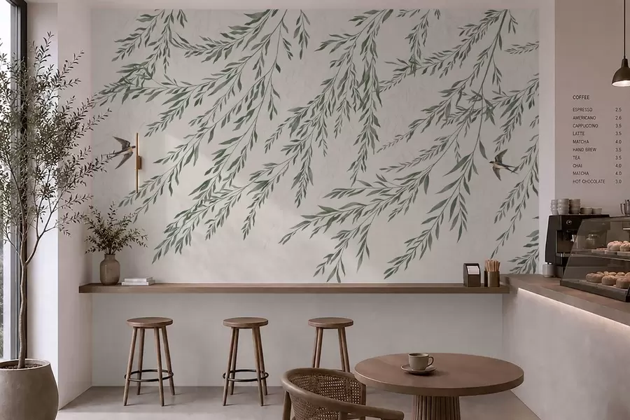Wall Mural Photo Wallpaper Green branches and birds on light background w05630