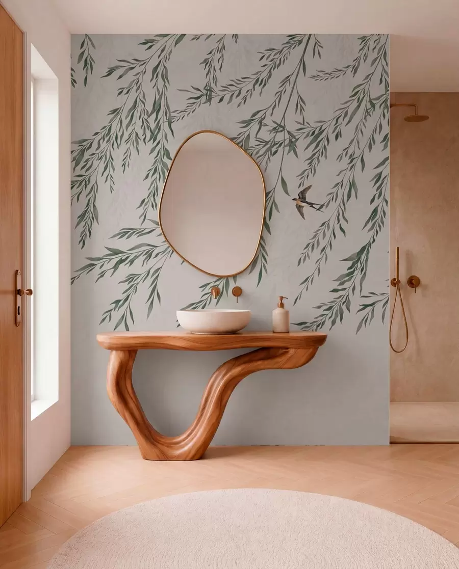 peintures murales Des branches vertes et des oiseaux sur fond clair w05630