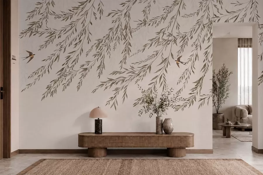 Wall Mural Photo Wallpaper Beige branches and swallows on light background w05630v1