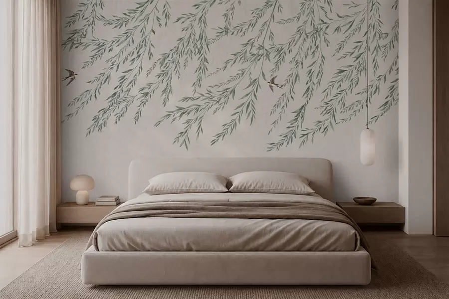 Wall Mural Photo Wallpaper Green branches and swallows on light background w05630v2