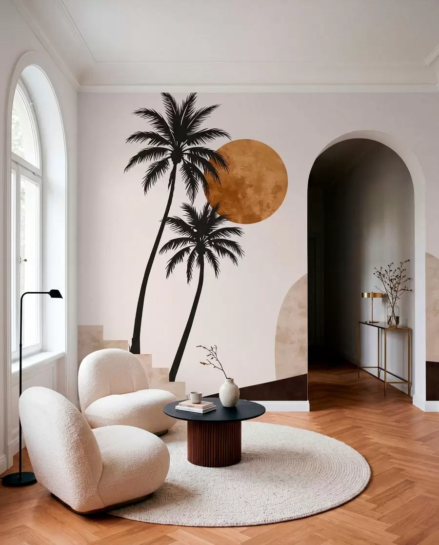 wall murals Palm trees and arch under warm sun w05547