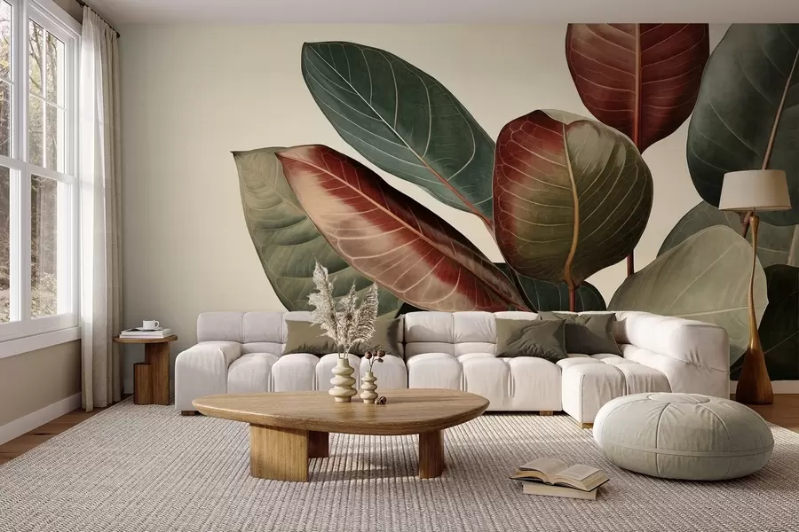 wall murals Textured large, variegated leaves in shades of green, red, and brown against light background w09891