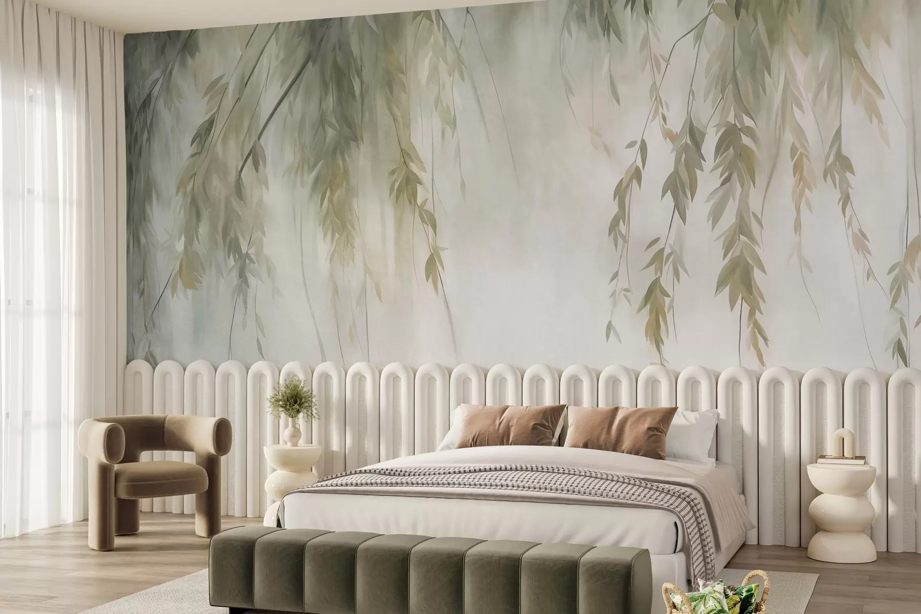 Wall Mural Photo Wallpaper Willow branches with pale green leaves hanging down against muted background watercolor style w09893