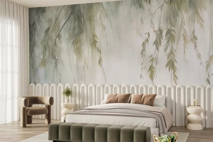 peintures murales Des branches de saule aux feuilles vert pâle retombant sur un fond aux tons discrets, dans un style aquarelle w09893