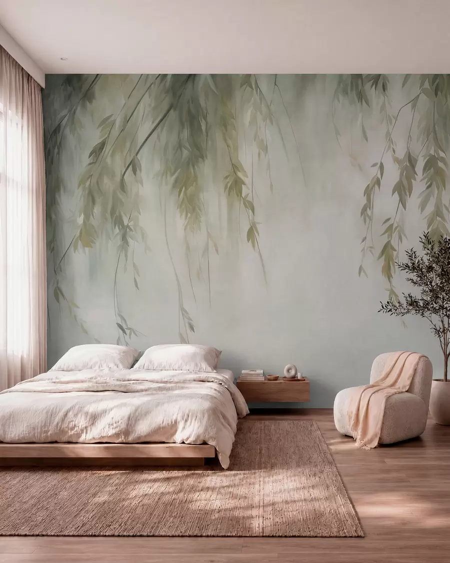 murales Ramas de sauce con hojas de color verde pálido que cuelgan sobre un fondo tenue, al estilo de la acuarela w09893