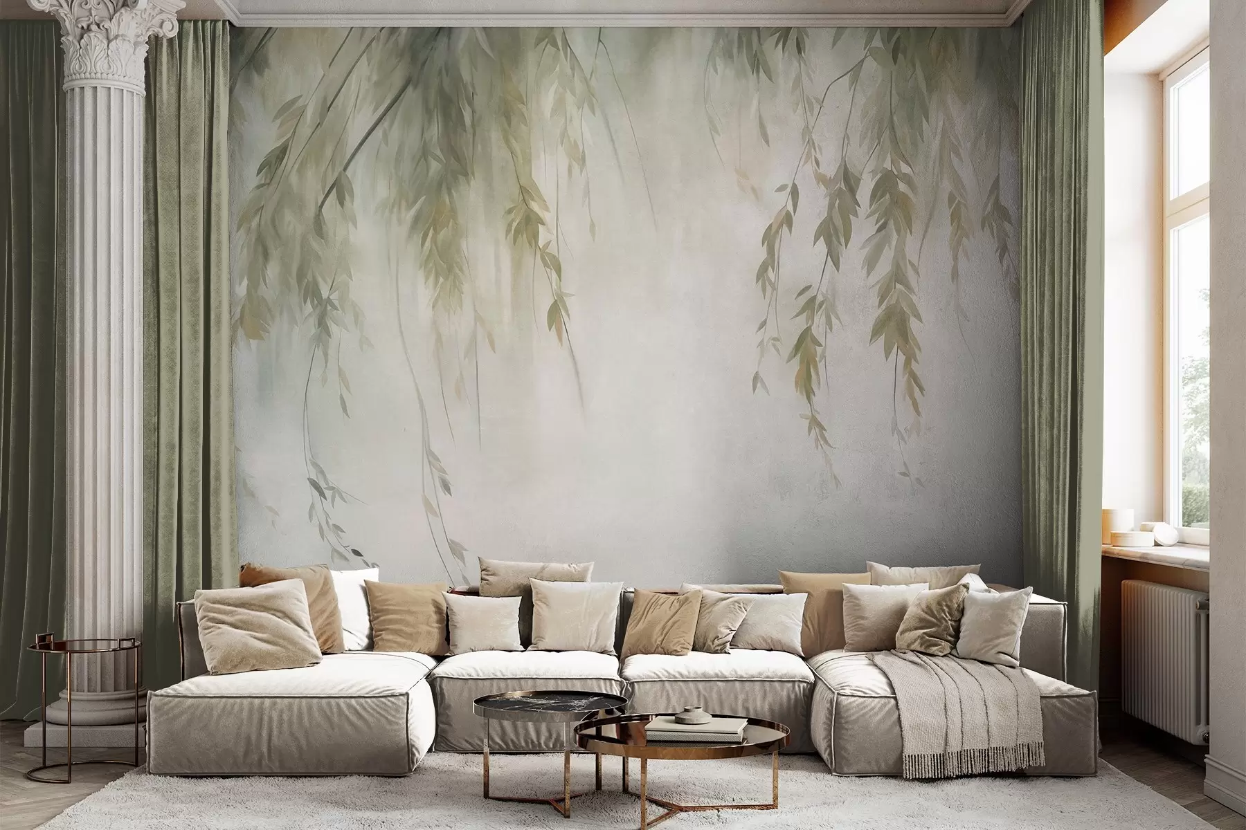 wall murals Willow branches with pale green leaves hanging down against muted background watercolor style w09893