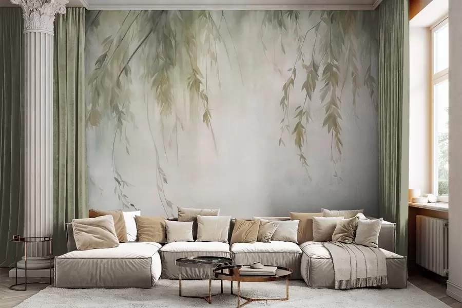 Wall Mural Photo Wallpaper Willow branches with pale green leaves hanging down against muted background watercolor style w09893