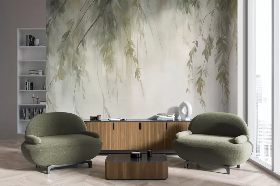 wall murals Willow branches with pale green leaves hanging down against muted background watercolor style w09893