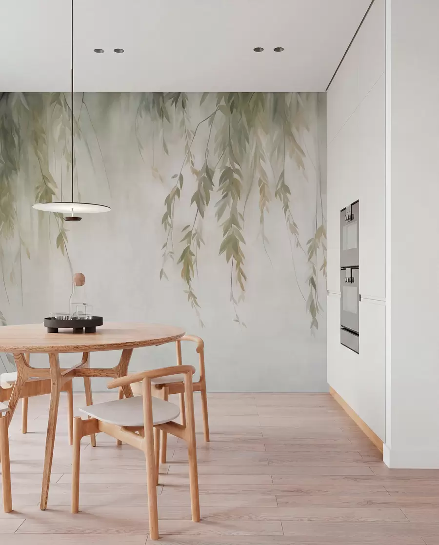 Wall Mural Photo Wallpaper Willow branches with pale green leaves hanging down against muted background watercolor style w09893