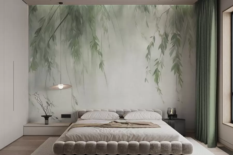 wall murals Willow branches with pale green leaves hanging down against muted background watercolor style w09893v1