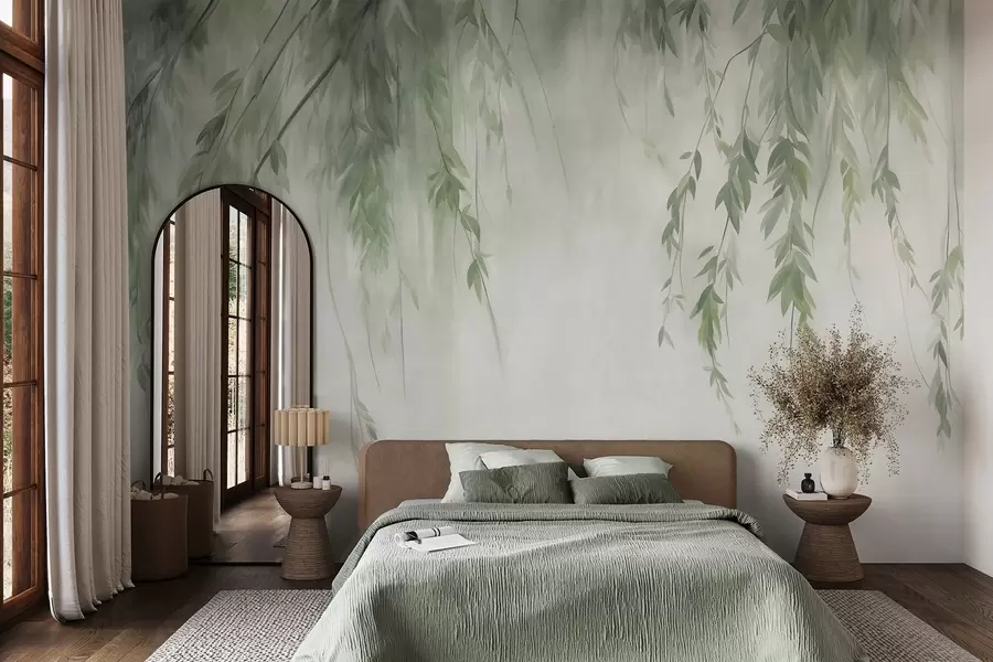 murales Ramas de sauce con hojas de color verde pálido que cuelgan sobre un fondo tenue, al estilo de la acuarela w09893v1