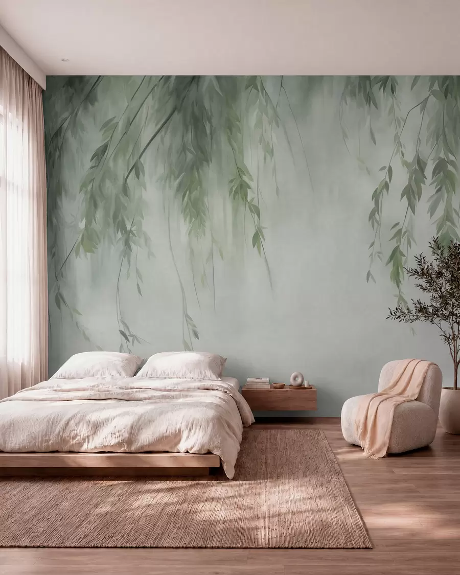 wall murals Willow branches with pale green leaves hanging down against muted background watercolor style w09893v1