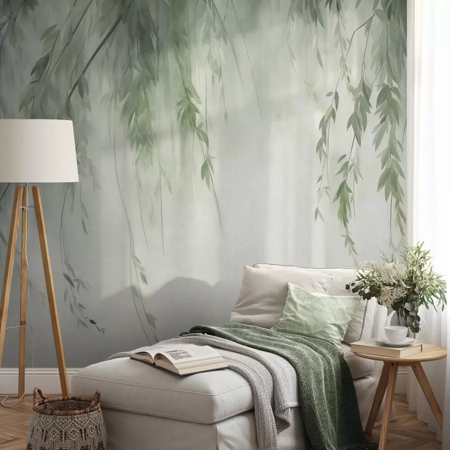 peintures murales Des branches de saule aux feuilles vert pâle retombant sur un fond aux tons discrets, dans un style aquarelle w09893v1