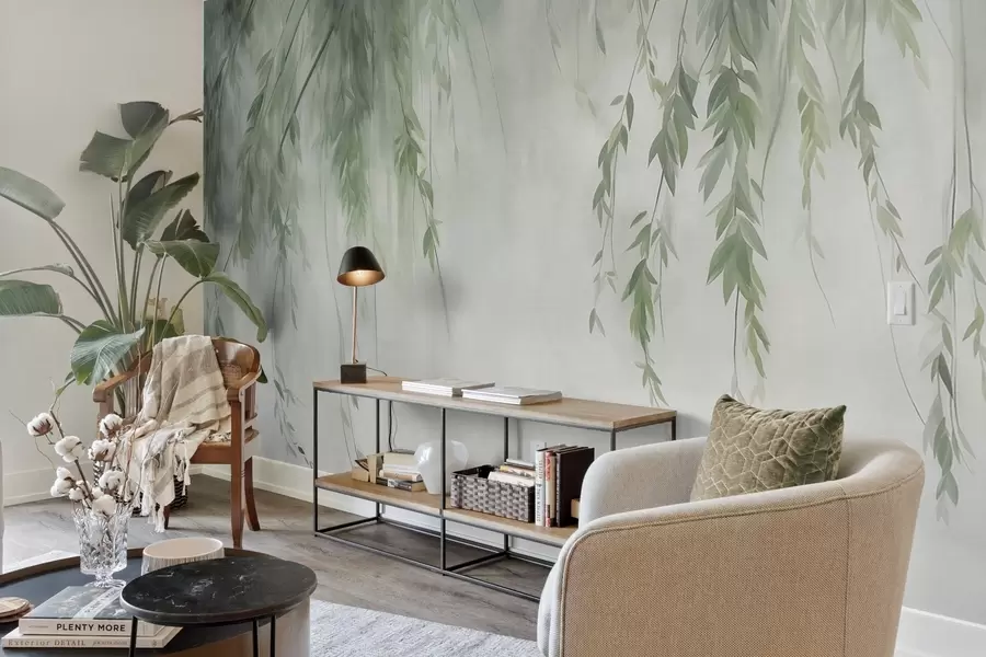 wall murals Willow branches with pale green leaves hanging down against muted background watercolor style w09893v1