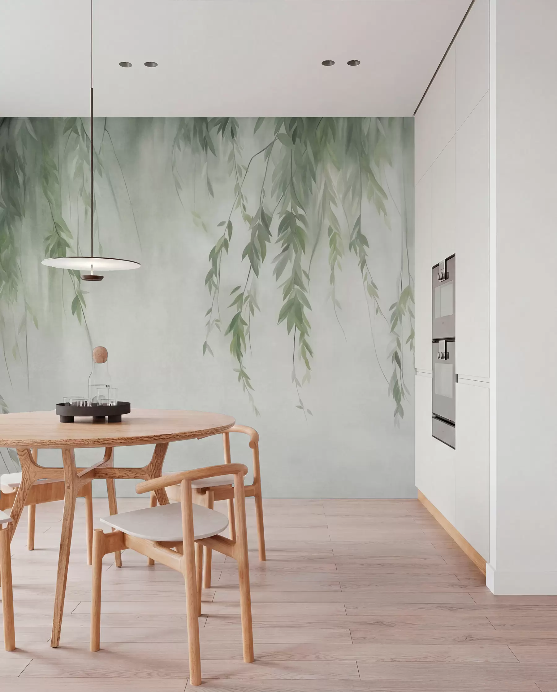 peintures murales Des branches de saule aux feuilles vert pâle retombant sur un fond aux tons discrets, dans un style aquarelle w09893v1