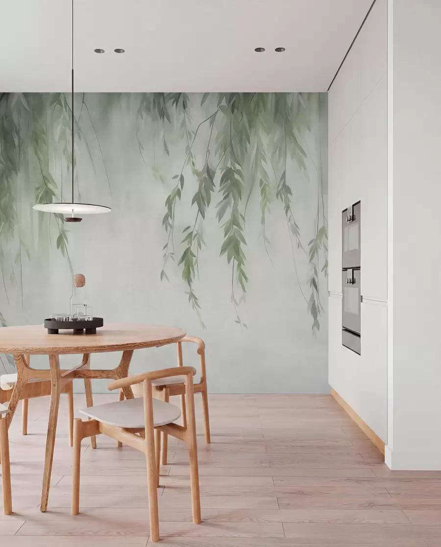wall murals Willow branches with pale green leaves hanging down against muted background watercolor style w09893v1