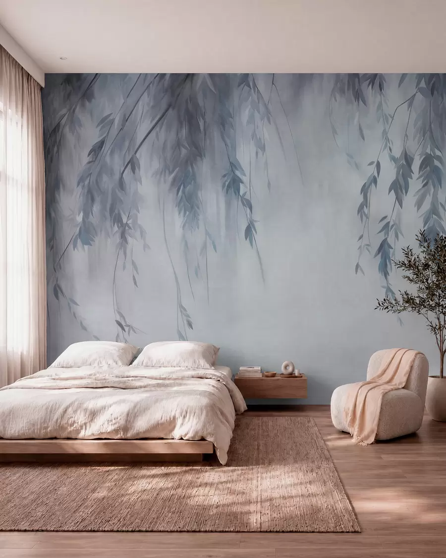 peintures murales Des branches de saule aux feuilles bleu pâle retombant sur un fond aux tons discrets, dans un style aquarelle w09893v2