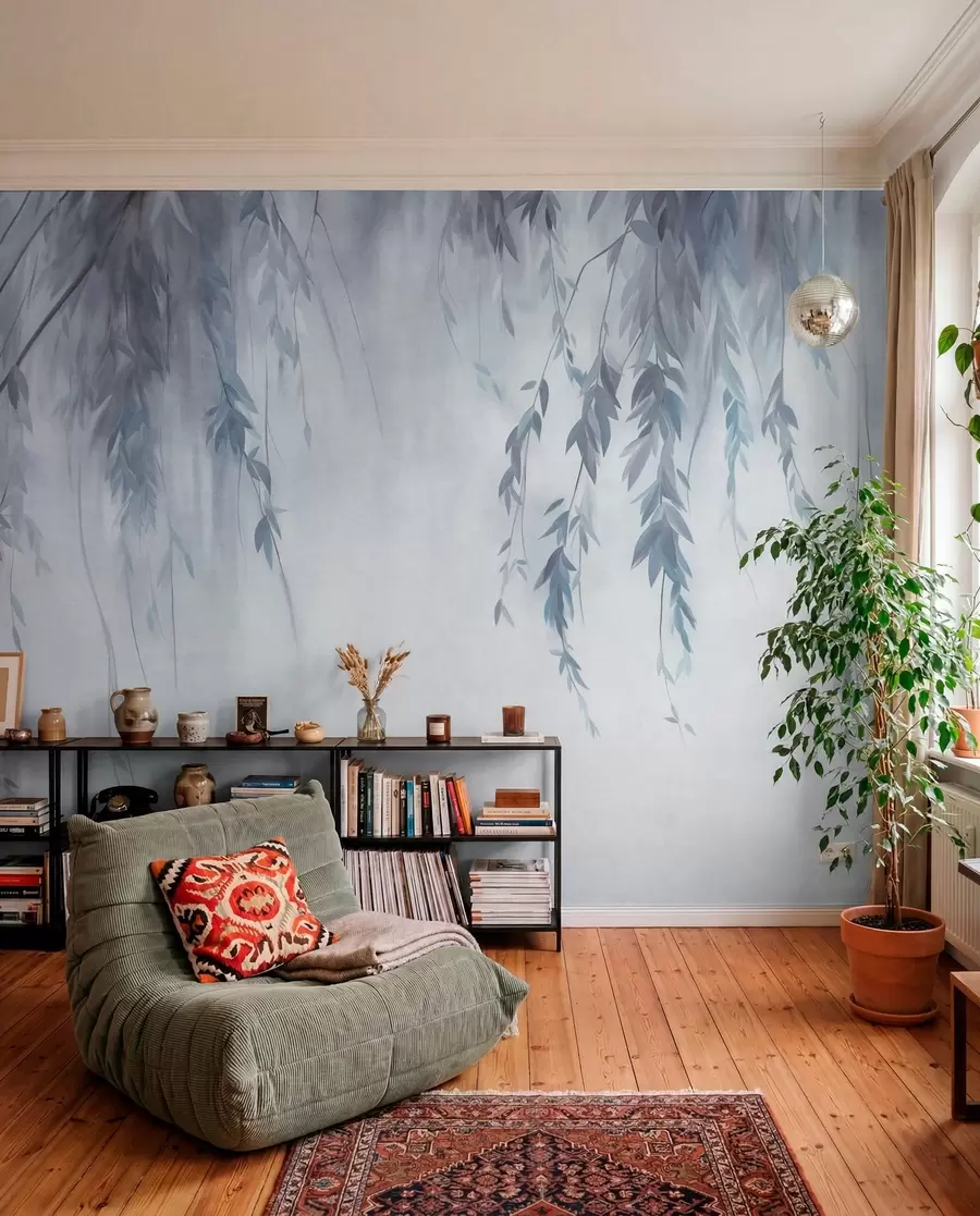 murales Ramas de sauce con hojas de color azul pálido que cuelgan sobre un fondo tenue, al estilo de una acuarela w09893v2