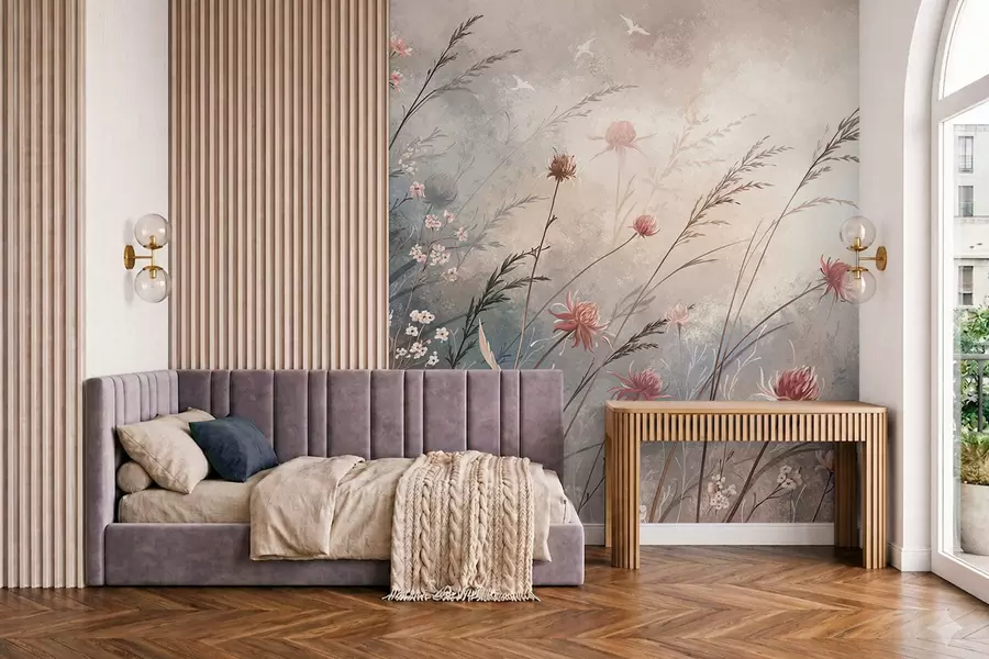 Wall Mural Photo Wallpaper Delicate wildflowers in a misty pastel scene w05538